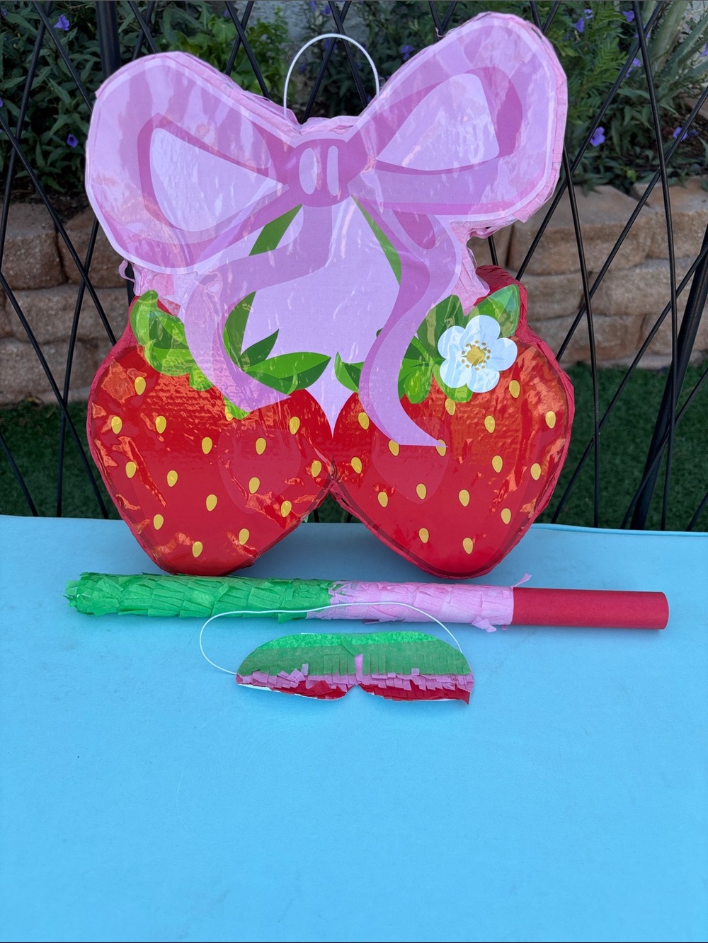 Strawberry Piñata With Stick And Blindfold